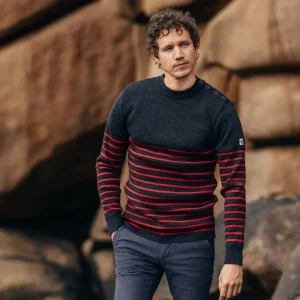 Pull marin rayé 100% laine. Anthracite Rouge