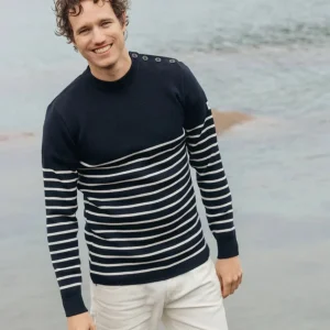 Pull marin rayé 100% laine. Marine Ecru